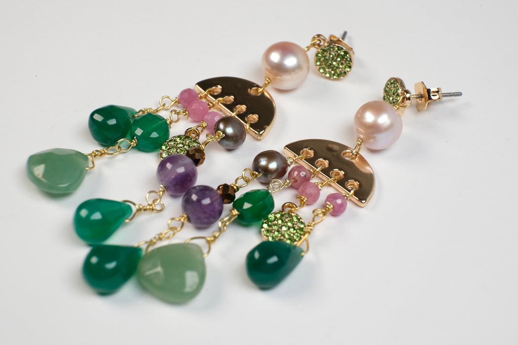 Chandelier earring pink and green